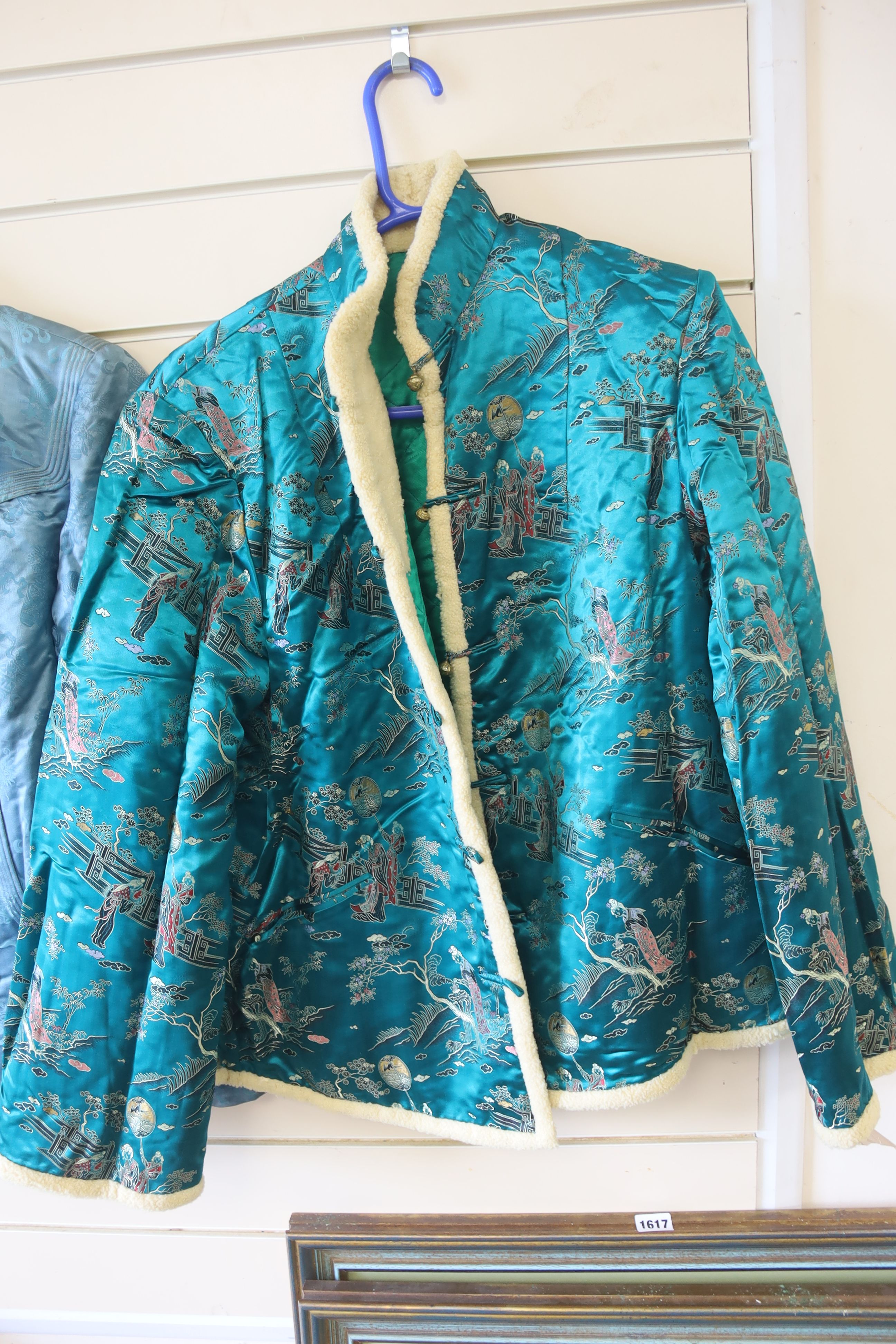A Chinese turquoise silk damask Chinese robe / jacket, length 67cm, and a later 1940's coloured brocade jacket
